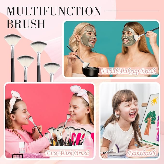 12 Pcs Soft Facial Fan Brush Blush Makeup Brush Face Mask Acid Applicator Multi Use Cosmetic Tools for Peel Mask Makeup for Mud Cream(Black Silver)