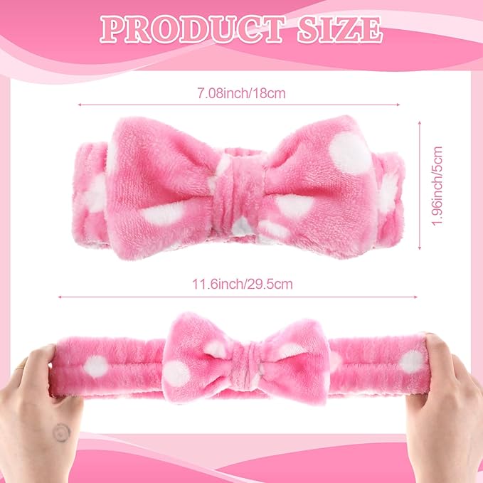 50 Pcs Pink Spa Headband Bulk Spa Sleepover Party Supplies for Washing Face with Removable Bow Makeup Elastic Bowknot Headbands for Women Gifts Soft Skincare Microfiber Hairbands(Dots Style)