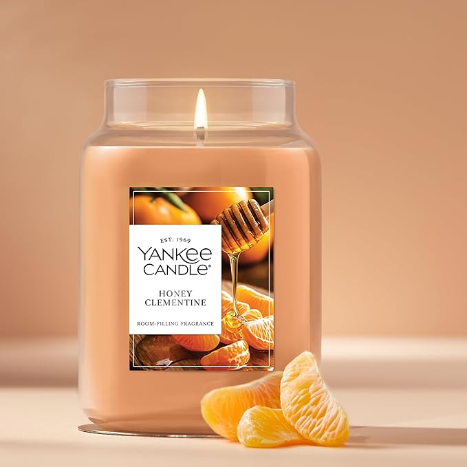 Yankee Candle Large Jar Scented Candle with up to 150 Hour Burn Time, Premium Plant Wax Blend for Consistent Burn, 22 oz Jar Candle with Room Filling Fragrance, Honey Clementine