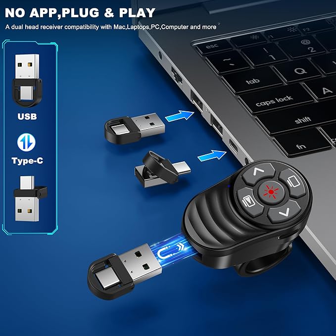 2 in 1 Presentation Clicker with Laser Pointer Finger Ring Clicker Rechargeable Presentation Clicker Long Distance PPT Clicker Remote Wireless Clicker Laser Pointer for Classroom Teacher Projector