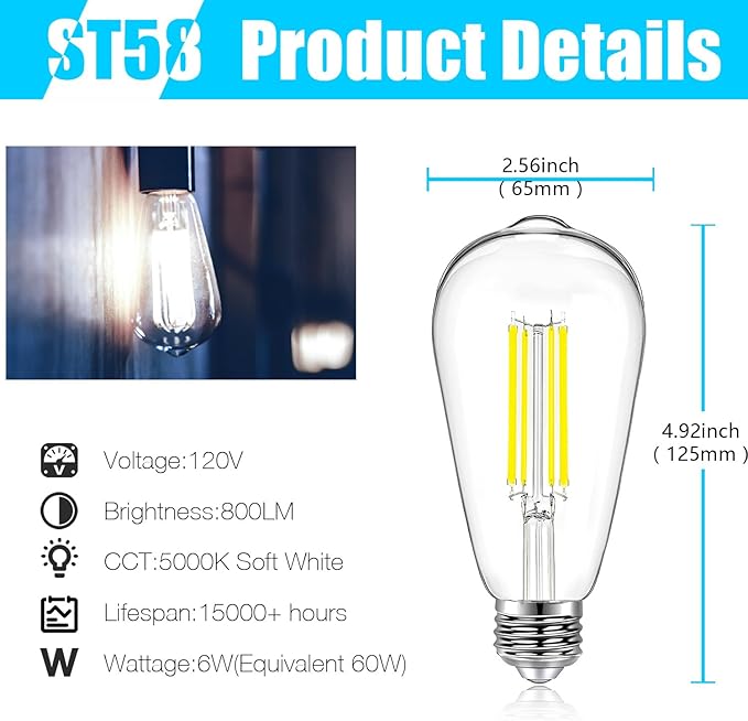 DAYBETTER Vintage LED Edison Bulbs, E26 Led Bulb 60W Equivalent, Dimmable Led Light Bulbs, High Brightness 6W 800 LM Daylight White 5000K, ST58 Antique LED Filament Bulbs, Clear Glass, 6 Pack