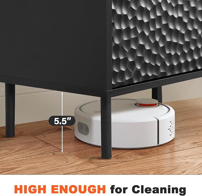 ANJ Black TV Stand for 75 Inch TV, Mid-Century Modern TV Console with Storage, Wooden Television Furniture for Living Room, Entertainment Center with Large Storage Space, Textured Honeycomb Pattern