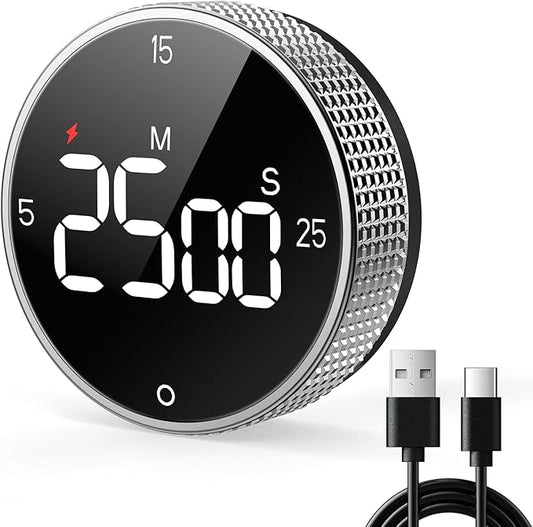 USB Rechargeable Magnetic Kitchen Timer for Cooking, Building 800mAh Battery Large Display Digital Countdown Timer, 3 Preset 5/15/25 Mins Loud Alarm for Baking Grilling Studying - Silver