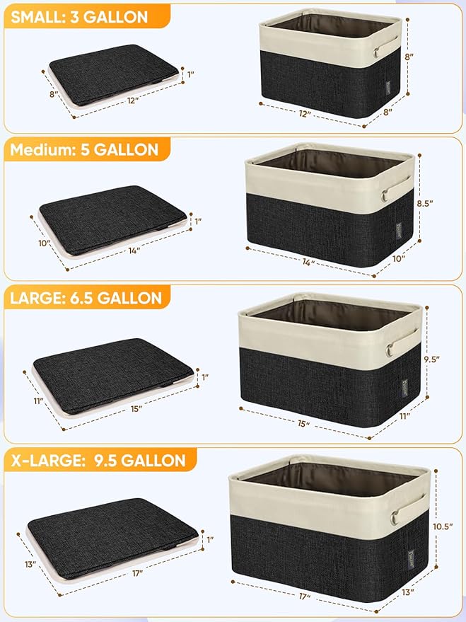 BALEINE 2 Pack Fabric Storage Bins for Shelves, Linen Storage Baskets for Organizing, Decorative Closet Bins for Clothes, Home (Black, 14''x10''x8.5'')