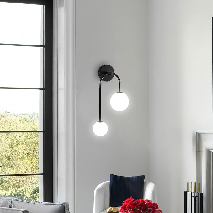 Milk Glass Wall Sconce Black Wall Sconces Mid Century Modern Sconces Wall Lighting 2 Light Globe Sconce for Bedroom Living Room Hallway Wall Light Fixtures