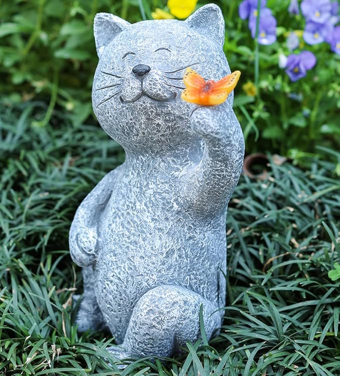 Solar Garden Statue Cat Garden Figurines Cat Garden Statue Outdoor Decor, Solar Powered Resin Sculpture with Butterfly Light Art Decoration for Patio Lawn Yard Porch, Housewarming Garden Gift