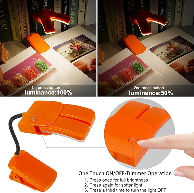 BIGMONAT Battery Operated Clip on Light, Dimmable Brightness Eye Care Book Reading Light, 360°Flexible Gooseneck Night Lighting for Home Office, Reading,Study (Orange, 2Pack)