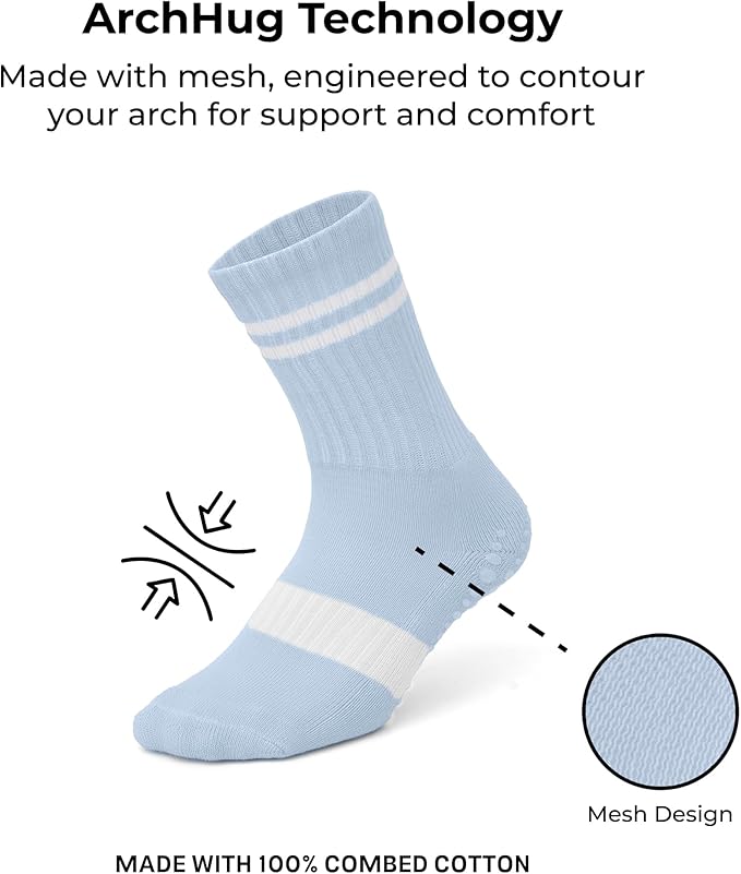 AMELLE Pilates Mid Crew Grip Socks for Women Non Slip – Half Cushioned Striped Yoga Barre Crew Socks with Grips – Anti Skid
