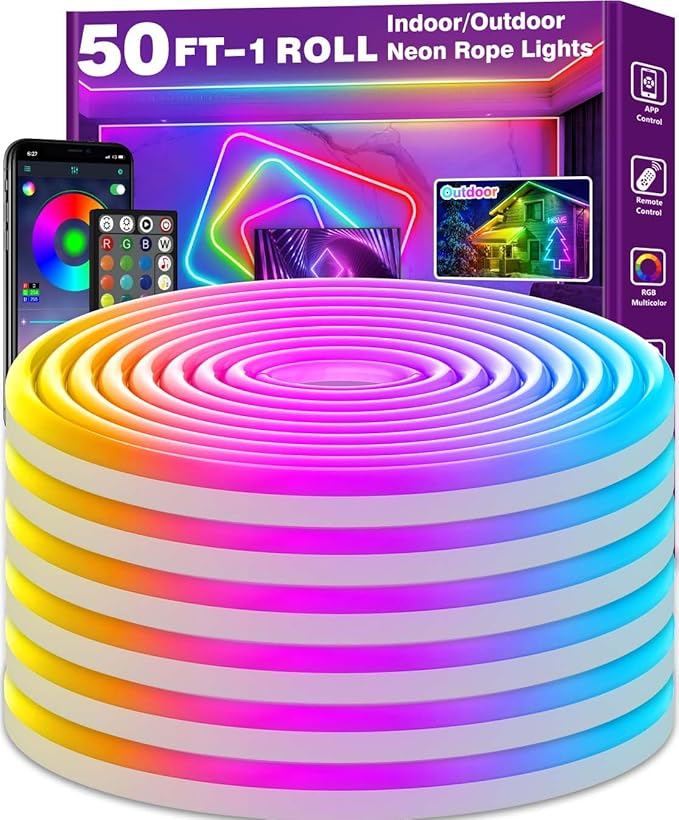 50Ft Neon Rope Lights,Flexible Led Rope Lights Control with App/Remote,Multiple Modes Rope Lights,IP65 Outdoor RGB Led Neon Lights Waterproof,Music Sync Gaming Led Neons Light Strip for Bedroom Decor