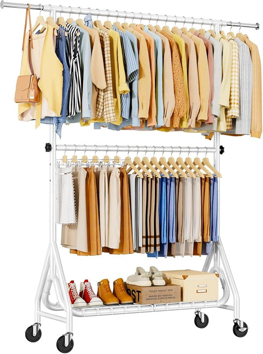 Heavy Duty Clothes Rack for Hanging Clothes, Double Rods Clothing Rack with Lockable Wheels, Rolling Metal Garment Racks Heavy Duty, Portable Wardrobe Closet Racks, White