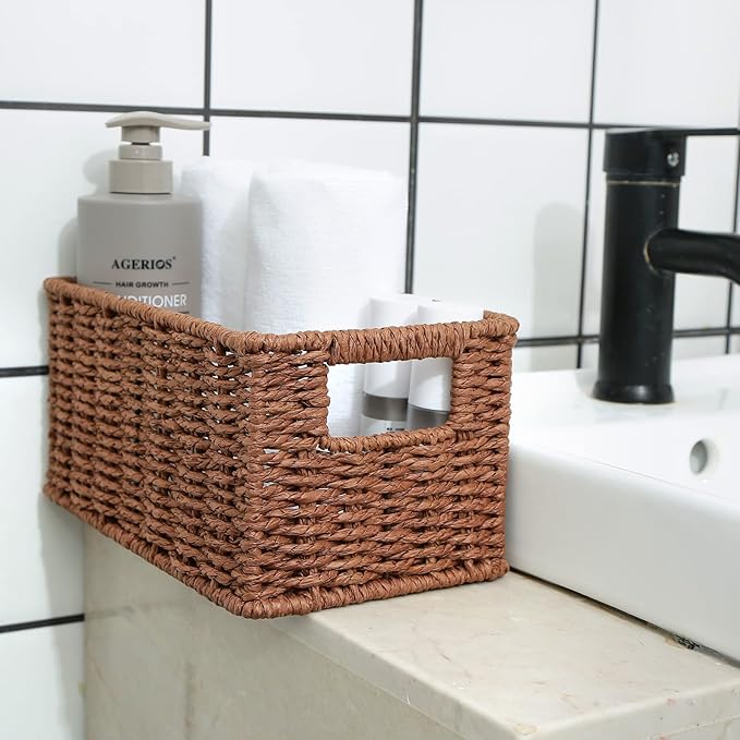 HOONEX Woven Baskets for Storage, Paper Rope Baskets with Sturdy Metal Wire Frame, Baskets for Shelves, Set of 2, Dark Brown