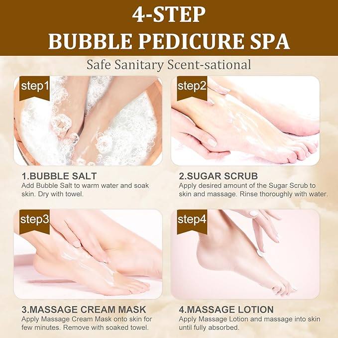 Pedicure Kit Foot Soak Set: Bubble Salt, Sugar Scrub, Massage Mask, Massage Lotion in a Box, 4 Step Foot Spa Kit for Dry Feet,Tired Feet（3 Set Golden petals)