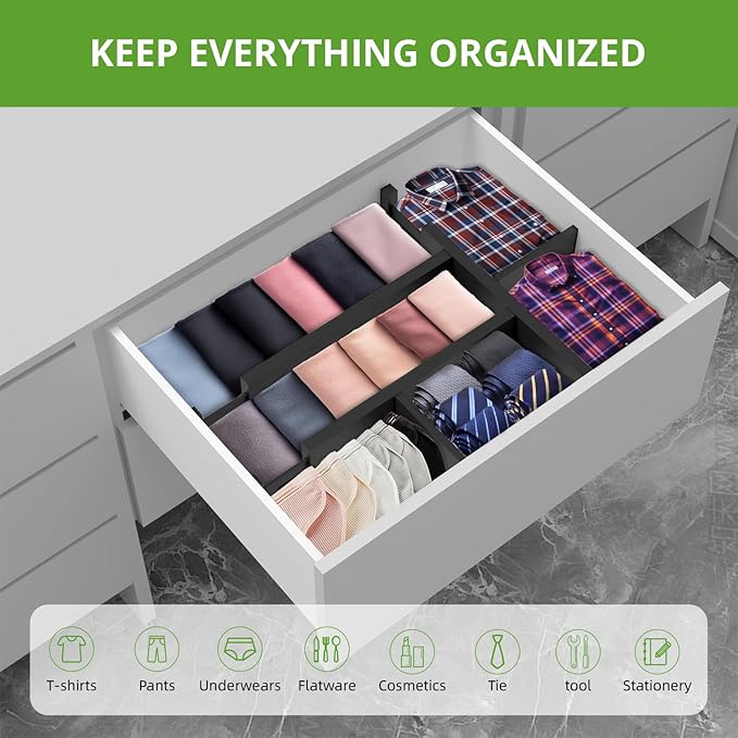 ANTOWIN 4 Pack Expandable Drawer Dividers, 4.7'' High, Extend from 12.2'' to 17.7'', Dresser Drawer Organizers, Bamboo Separators for Kitchen, Bedroom, Office, Bathroom (Black)