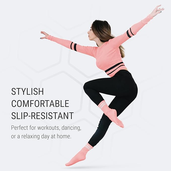 POWER STEP Pilates Grip Socks for Women, Non-Slip Cotton Crew Yoga Socks for Pilates, Dance, Workout, Barre and Home, 4 Pairs