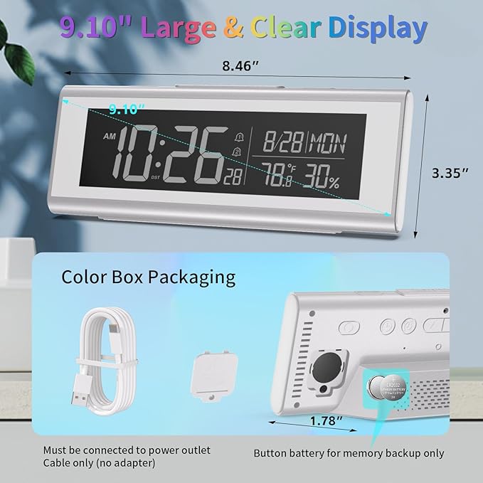 Digital Alarm Clocks for Bedrooms, LED Desk Clock with RGB Night Light, Brightness Dimmer, Date, Week, Temperature Large Display, Modern Decor for Desk, Office, Gift for Kids, Teen, Adults (Silver)