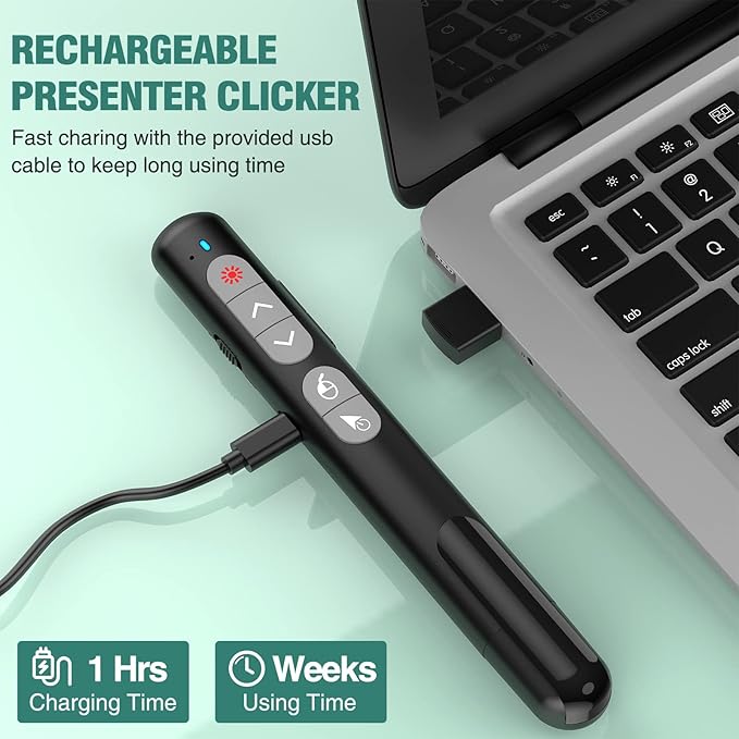 Wireless Presentation Clicker with Air Mouse Function - Rechargeable RF 2.4GHz USB Slide Clicker for Powerpoint, Mac, Laptop, Computer