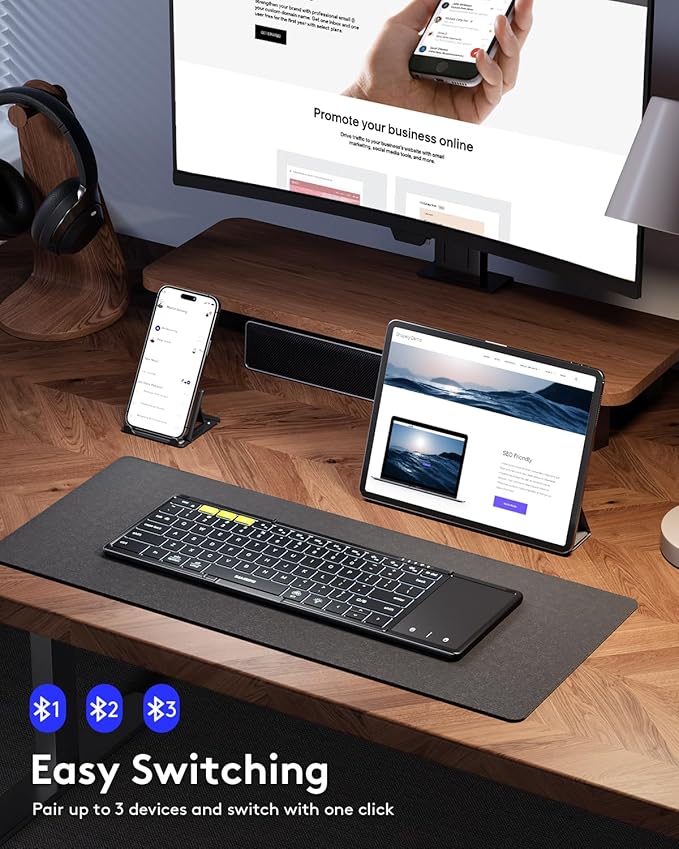 Samsers Foldable Bluetooth Keyboard with Touchpad, Full-Size Wireless Folding Keyboards with Backlight, Portable Travel for iOS Android Windows Mac OS, Support 3 Device(BT5.1 x 3), Black