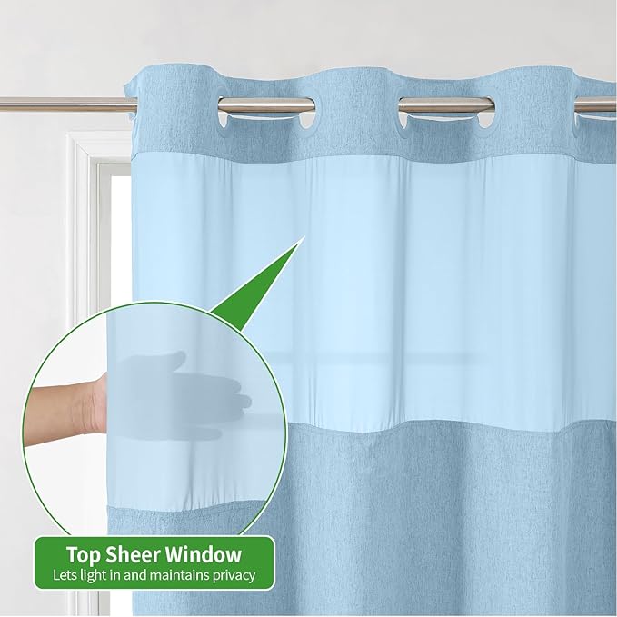 No Hooks Needed Linen Textured Shower Curtain with Snap-in Fabric Liner Set,Hotel Luxury Decor Waterproof Shower Curtains for Bathroom with Mesh Top Window,Washable,71Wx74H,Fog Blue