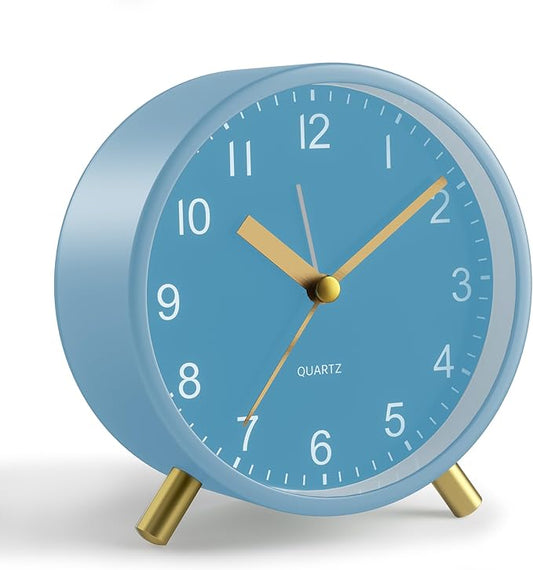 Analog Alarm Clock, 4 inch Super Silent Non Ticking Small Clock with Night Light, Battery Operated, Simple Design, easy setting for Office, Bedroom, Bedside, Desk, teens, elders, kids, adult, Skyblue