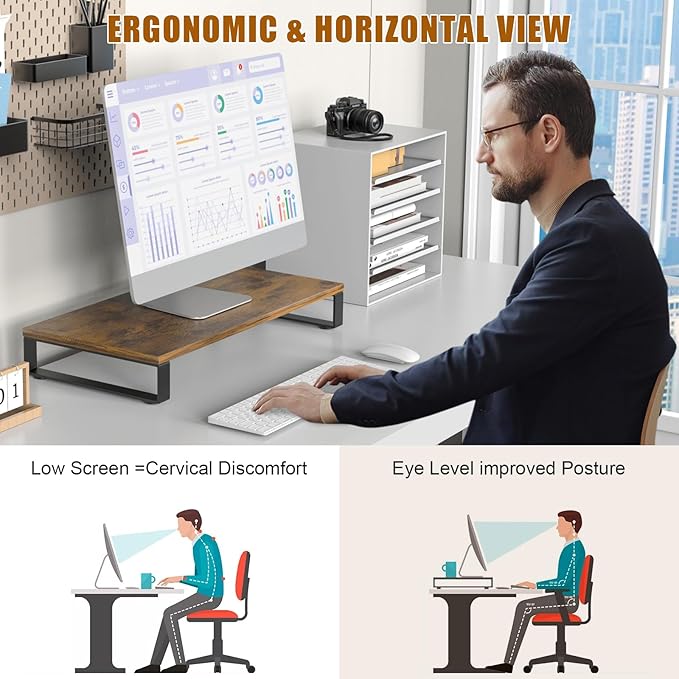 Ywin Monitor Stand Riser for Desk, Computer Monitor Stand Laptop Riser Stand Desk Wood & Steel, Underneath Storage for Office Home School Supplies Printer, Large Size 23.6''L x 15.7''W