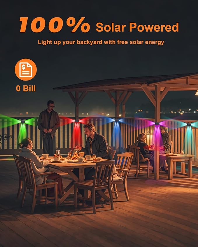 6 Pack Color Changing Solar Powered Fence Lights Outdoor Decorative LED Waterproof Yard Lamps for Outside Wall, Deck, House Patio, Rail, Stair, Yard, Pool, 8 Colorful Modes, Easy 1-Min Installation