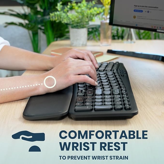 Perixx PERIBOARD-636B US, Wireless Ergonomic Compact USB Keyboard - Wireless 2.4G Technology - Build-in Number Pad - Detachable Wrist Rest - - Silent Typing - Black