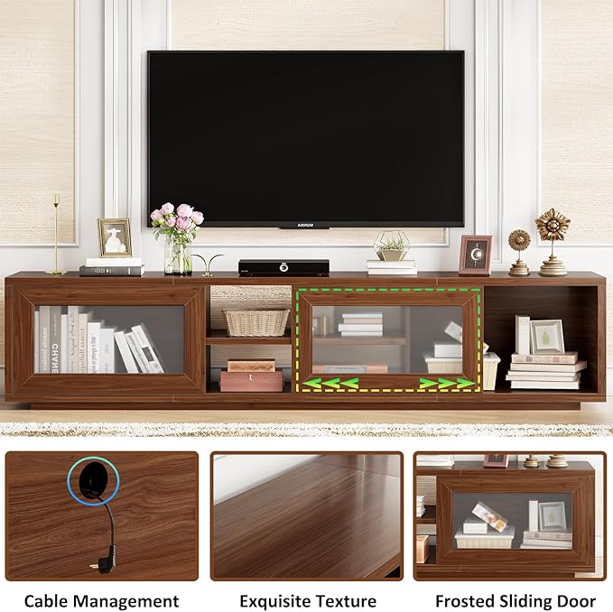 HSH 70" TV Stand for 75 inch TVs,Entertainment Center for Living Room with Storage,Farmhouse Walnut TV Stand Wood with Sliding Doors,Low Media Console Cabinet for Bedroom