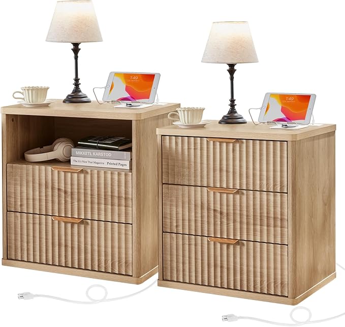 LEYAOYAO Fluted Farmhouse Nightstand Set of 2 with Charging Station, 23" Wide 2 & 3 Drawers Large End Table with Metal Handle, Natural Night Stand Bedside Table, Wood Dresser for Bedroom,Closet