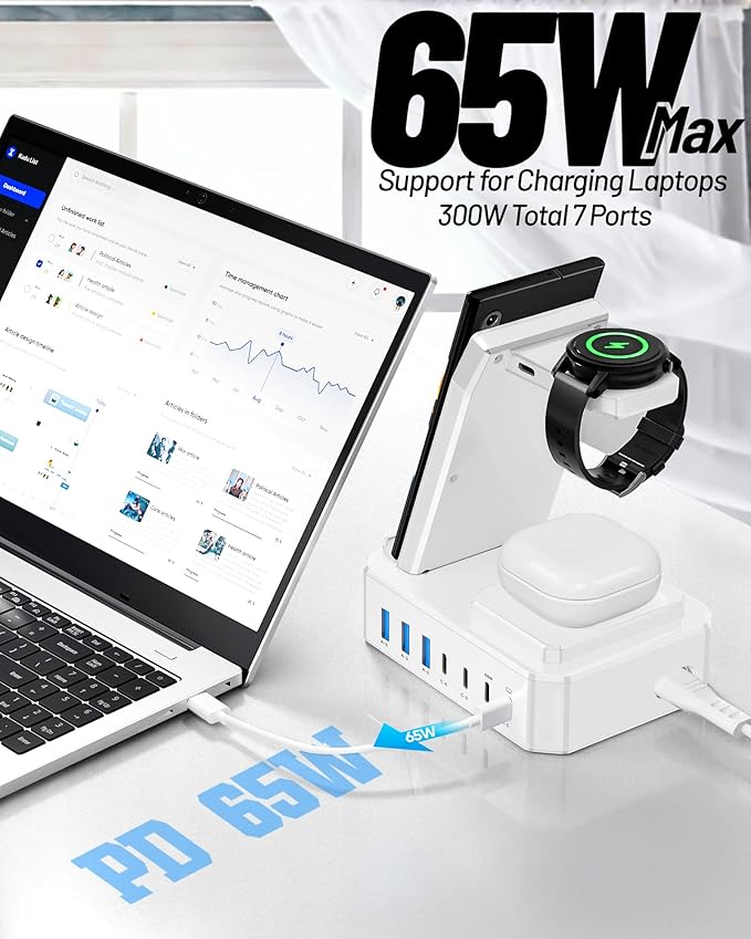 300W Wireless Charger for Samsung,Zutspzss 10 in 1 Wireless Charging Station, 65W USB C Fast Charging Stand for Samsung S25 Ultra/S24/S23/S22/Z Fold,Galaxy Watch Ultra7/6/5,Galaxy Buds,White