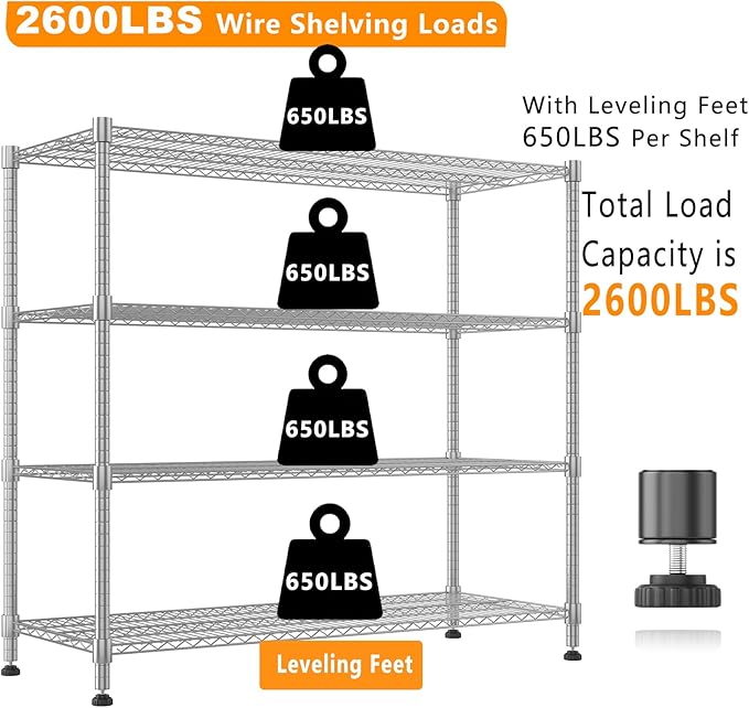 Himimi Storage Shelves 60"W Wire Shelving with Wheels 2600LBS Heavy Duty Metal Shelves for Storage, 4-Tier Adjustable Wire Rack Shelving Garage Shelving Kitchen Storage Shelves 24"Dx60"Wx72"H, Silver