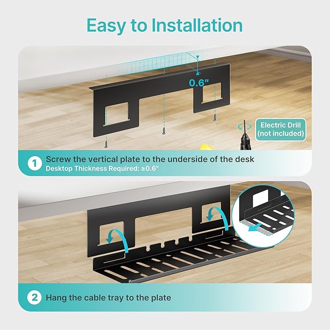 Under Desk Cable Management Tray, 15.7 Inches Metal Cord Organizer Rack, Desk Tray for Power Strip, Cord, Wire, Easy Mounting Cable Management Under Table for Home Office, Black