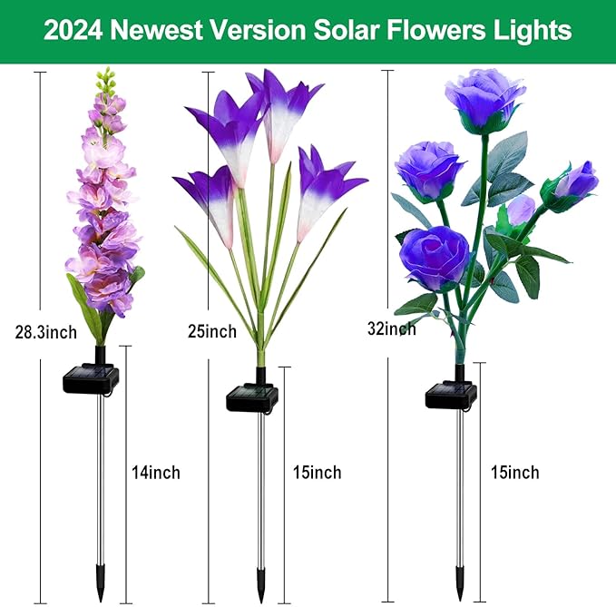 Solar Garden Lights Waterproof, 3 Pack Solar Flowers Lights Includes Lily Rose Delphinium, Gardening Gifts for Mom Grandma Women, 7-Color Changing Outdoor Decor for Garden Yard Patio Lawn