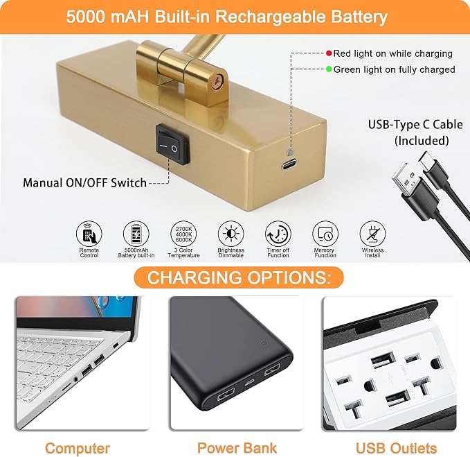 Rechargeable Picture Light with Remote Control,12 Inch Brass Finish Adjustable Wireless Art Lighting Fixture,Painting Lights with Timer,3 Color Temperature and Dimmable