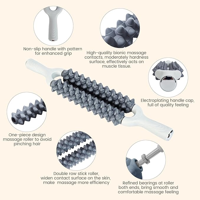 Double Row Muscle Roller Stick for Muscles Deep Tissue，with One-Piece Roller & Bionic Massage Contacts,High Efficiency Relieves Soreness & Tension，Unique Gifts for Runner Athelets Gym Yoga.
