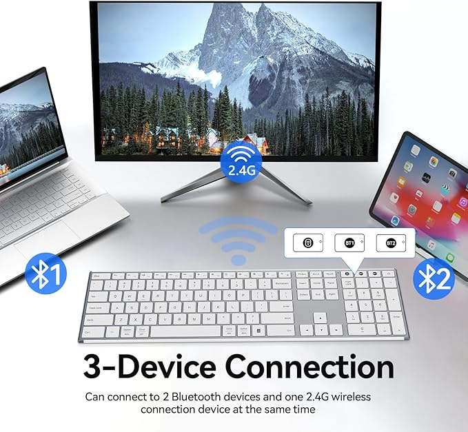 AUSDOM Full Size Bluetooth Keyboard, 2.4G Wireless Quiet Slim Keyboard, Multi Device Low Profile Silent Flat Keyboards with Numeric Keypad, Rechargeable Battery for Windows Mac iOS Computer Laptop