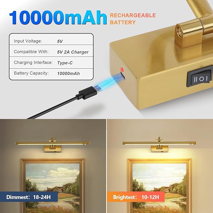 Wireless Brass Picture Lights for Wall Motion Activated, Motion Sensor Art Lights Auto-Off Gallery Lights for Portraits Display 24 Inch 5W Warm White