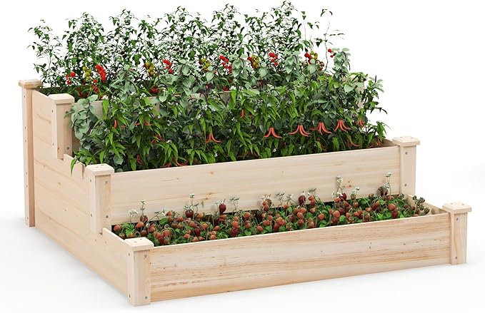 Giantex 3-Tier Raised Garden Bed, Tiered Planter Box w/Open-Ended Base, Fir Wood Elevated Raised Beds for Gardening, Vegetable Flower Herb Fruit, Perfect for Patio, Lawn, Backyard