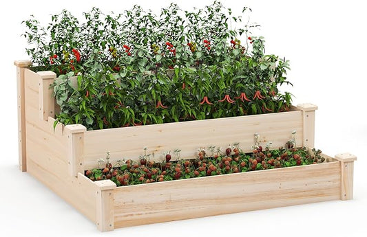 Giantex 3-Tier Raised Garden Bed, Tiered Planter Box w/Open-Ended Base, Fir Wood Elevated Raised Beds for Gardening, Vegetable Flower Herb Fruit, Perfect for Patio, Lawn, Backyard