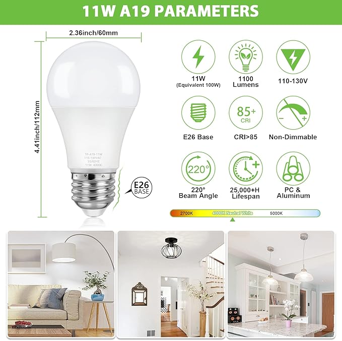 4-Pack A19 Light Bulbs, 100W Equivalent LED Bulb, Neutral White 4000K 1100LM 11W, Non-Dimmable E26 Base Bright Lighting, CRI 85+, No Flicker