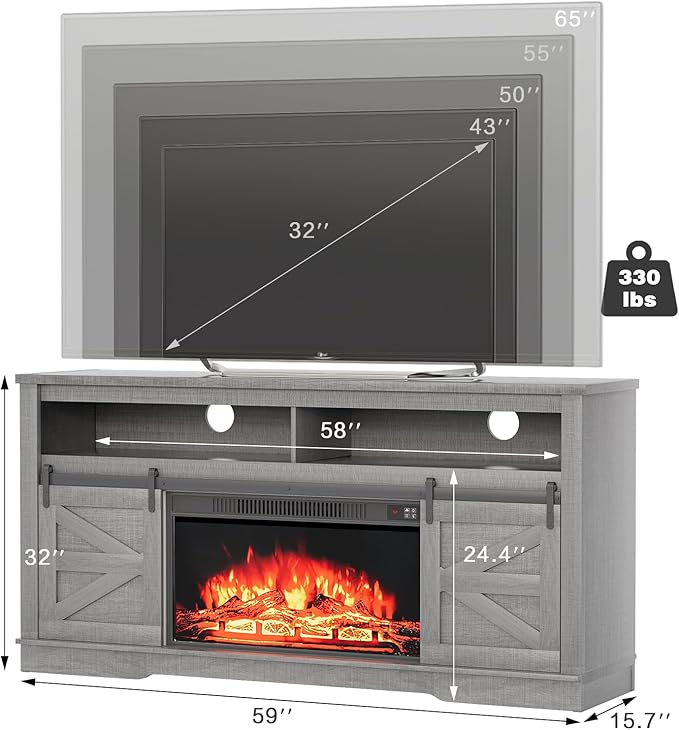 YESHOMY Fireplace TV Stand for Television up to 65+ Inch with Storage and Farmhouse Sliding Barn Doors, Entertainment Center with Cabinet and Shelves, Media Console for Living Room, Gray