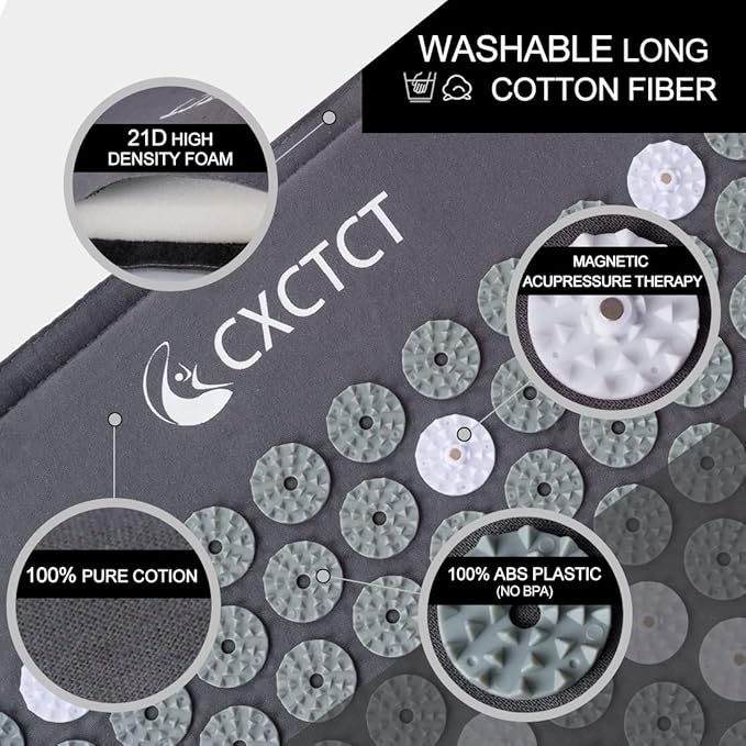 Extra Long Yoga Acupressure Mat Set,Massage Acupuncture Mat Large,Magnetic Mat Acupressure Body mat and Pillow for Neck Back Pain Relief(Grey)