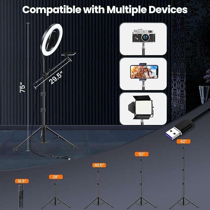 LUXSURE Ring Light with Stand for Phone, Ring Light Tripod for iPhone with Light, Overhead Camera Mount 10.5" with Remote, Phone Tripod with Light for Video Recording/Live Streaming/Cooking