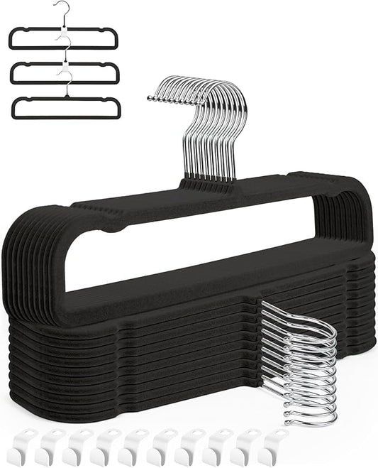 HGYZE Velvet Pants Hangers with Non Slip Bar, 20 Pack Felt Trouser Hanger, Perchas Terciopelo, Percha para Pantalones with 360° Swivel Hook for Spaghetti Strap Dresses, Shorts, Jeans, Slack, Black