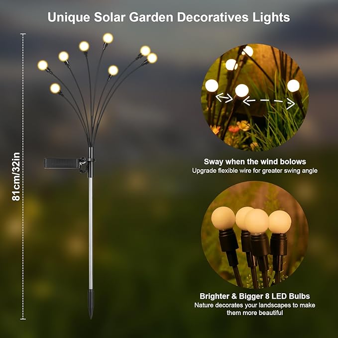 Solar Lights Outdoor(4 Pack, 32 LEDs), ASMAD Solar Garden Lights, Outdoor Decorations, Firefly Light for Patio Decor, Big Bulb, Unique Gifts for Women, Gifts for Grandma