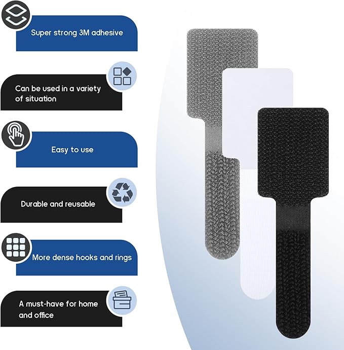 80 PCS Adhesive Hook and Loop Cord Ties, Adjustable Desk Cable Organizer Multi-Purpose Cord Ties for Charging Cables Household Office Kitchen Essentials (Black, Grey, White)