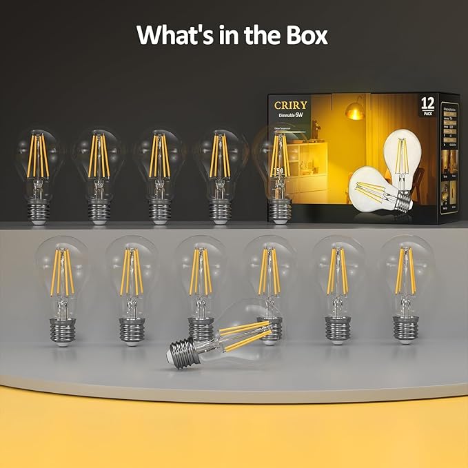 Dimmable A19 LED Light Bulbs 60W Equivalent, 2700K Warm Soft White Light Bulbs 6W E26 Base, Clear Glass Antique Filament Bulb for Living Room Bedroom Outdoor, 12Packs