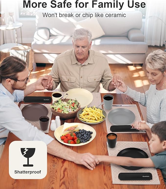 Quatish 32 Piece Plates and Bowls Sets for 8, Unbreakable Dinnerware Sets, Plastic Dish Set for Camping, Dishwasher Microwave Safe, Outdoor Kitchen and Apartment Dinning RV Essentials, Brown