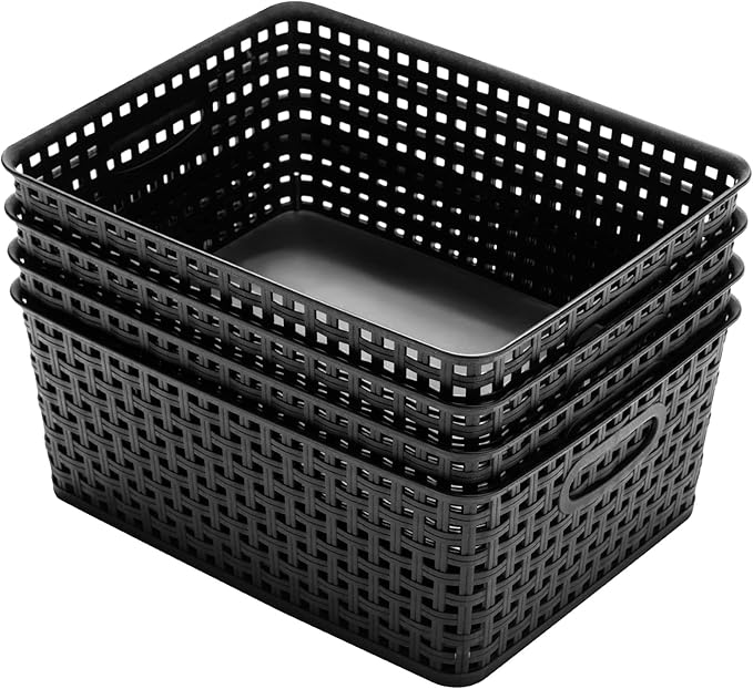 Plastic Storage Baskets for Organizing,11"X8.5"X4.7",Pack of 4 (Black)