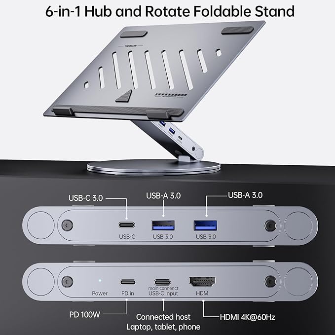 Adjustable Laptop Stand with 6-in-1 USB C Docking Station, 360° Rotatable, 4K HDMI, USB3.0, PD100W, Compatible with 12-16 inch MacBook, Dell, Surface