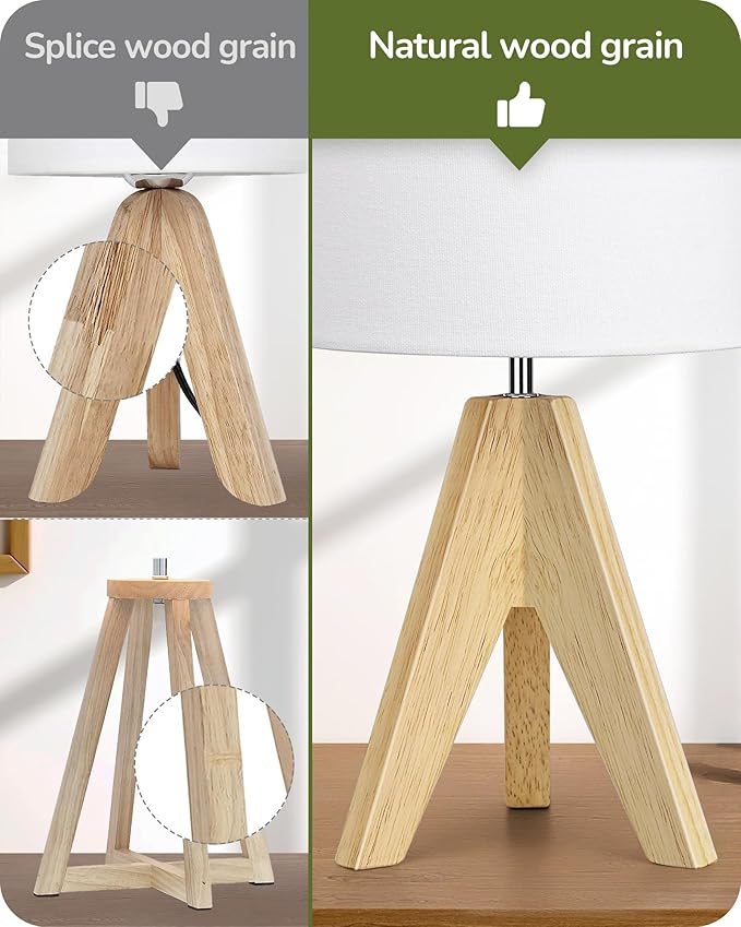 EDISHINE Small Cute Table Lamp, Wood Tripod Nightstand Lamp, Mid Century Bedside Lamp with Linen Fabric Shade for Nursery, Living Room, Bedroom, End Table, UL Listed, 14.2 Inch, ON/Off Switch